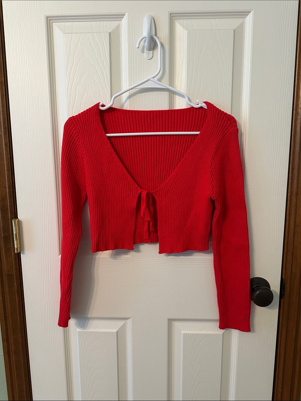 Red Ribbed Tie-Front Cropped Sweater Shrug